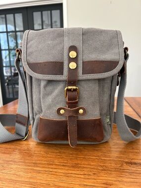 TSD Brand Valley Trail Gray Brown Canvas Leather Crossbody Messenger Bag NWT